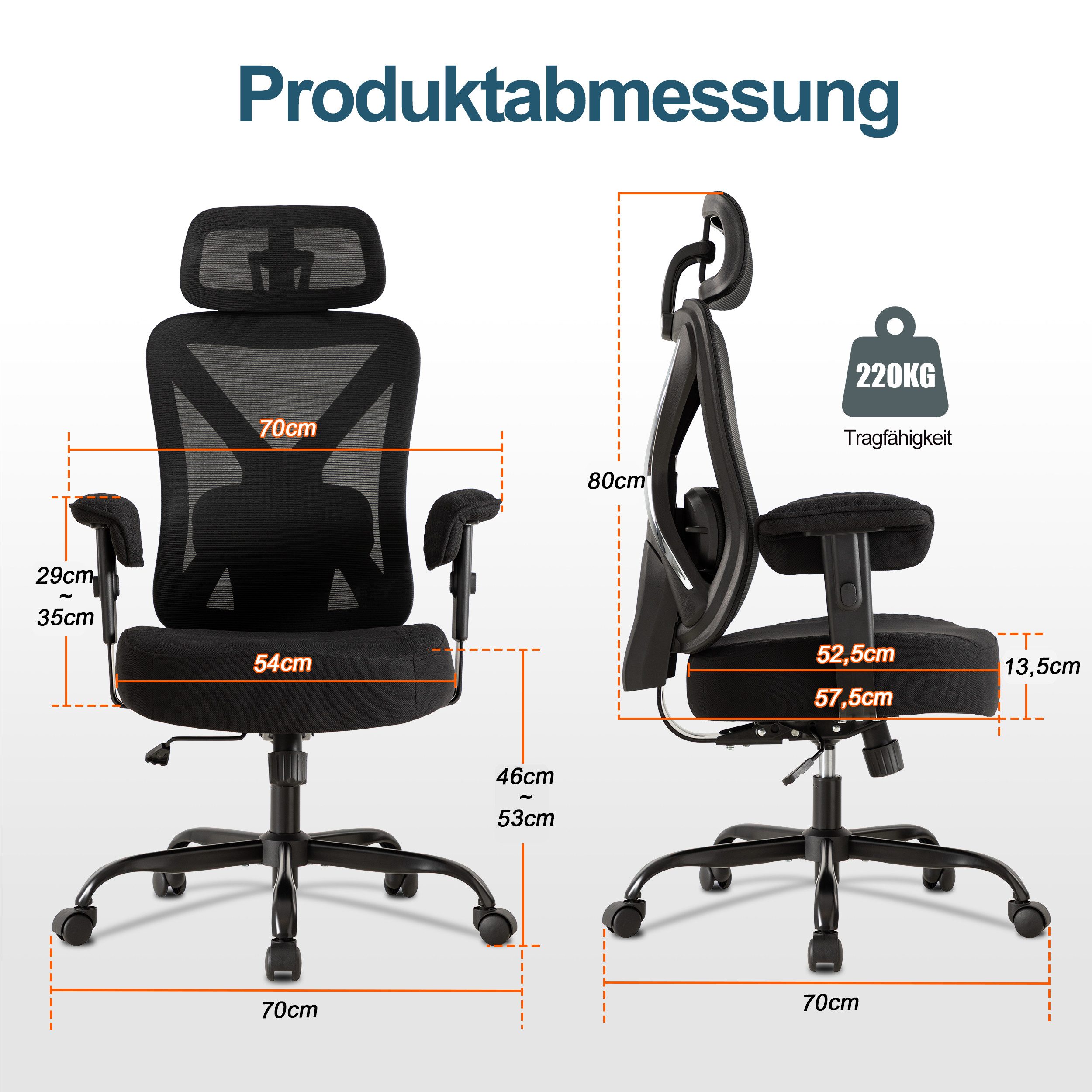 UEV Bürostuhl Ergonomisch bis 220KG Gaming Stuhl Wippfunktion (Schreibstuhl mit Armlehnen und Kopistütze, höhenverstellbarer Arbeitsstuhl, Drehstuhl mit Netzbes – Bild 5 von 5