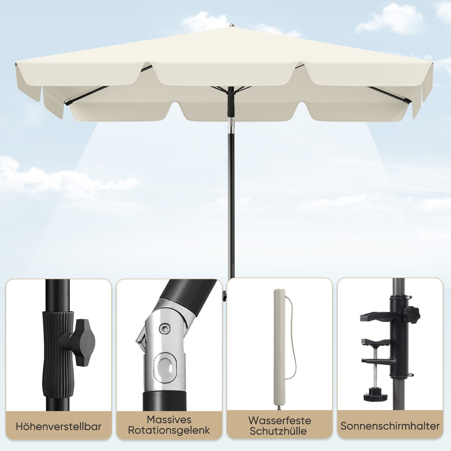 Sekey Sonnenschirm 200 × 125cm Balkonschirm rechteckig höhenverstellbar, mit Schirmhalter, LxB: 200x125 cm, mit Schutzhülle, Neigbar, UV50+ Schutz, wind- & wasserfest, für Garten