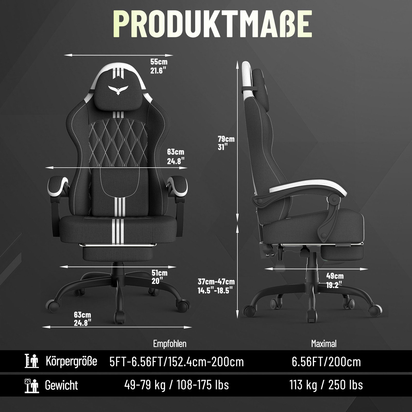 Huracan Gaming-Stuhl Gaming Chair mit Massagefunktion Kopfstütze & Fußstütze, (Gamer Stuhl,Gaming Sessel), Verstellbare Rückenlehne 90-135°,Höhenverstellbar