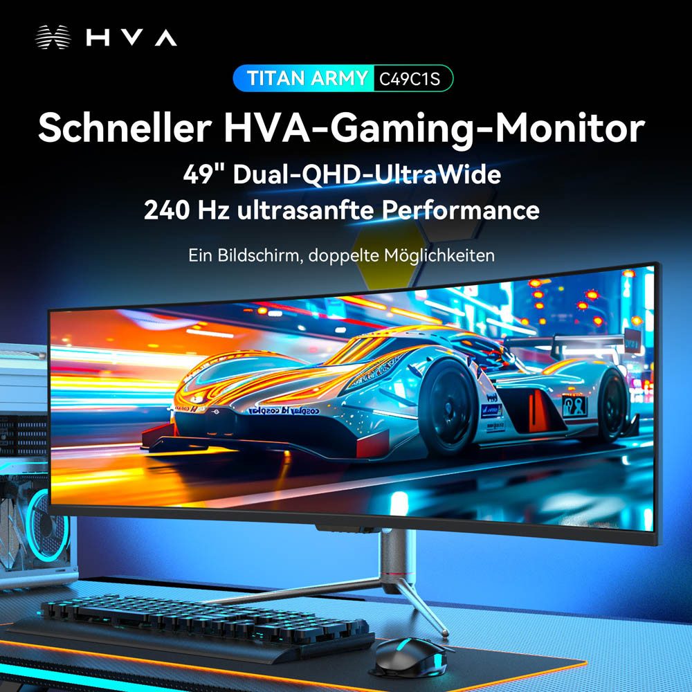 TITAN ARMY C49C1S 1800R-Krümmung, 240 Hz Bildwiederholfrequenz, 1 ms MPRT Gaming-Monitor (5120 × 1440 px, QHD, Fast VA, HDR400, KVM, PIP/PBP, Game+, FreeSync- und G-Sync-kompatibel)