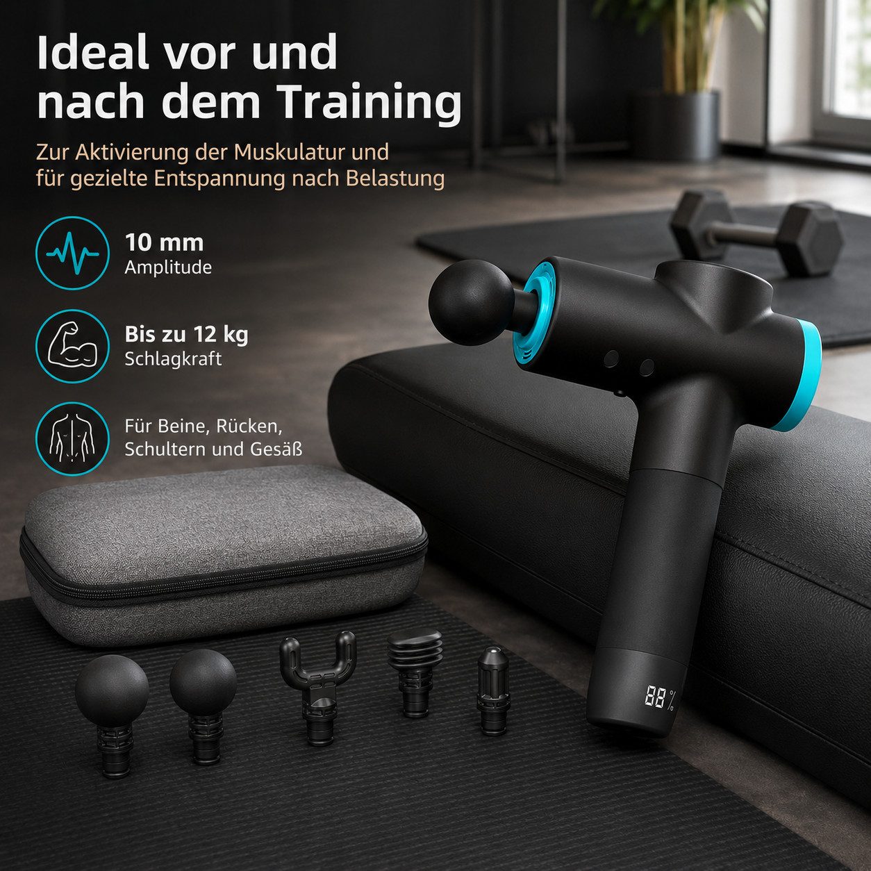 Tekoo Massagepistole Massagegerät mit LCD & 6 Aufsätzen, Elektrisches Handmassagegerät 45dB, Set, Set mit 6 Aufsätzen und Koffer, Quiet-Glide Technologie (45dB), 12kg Stall Force Schlagkraft