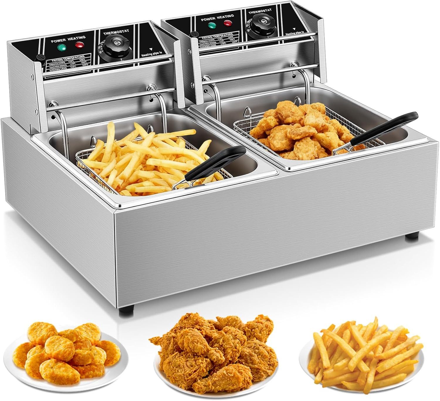 FOHERE Kaltzonenfritteuse Fritteuse mit Fettauffangbehälter, 21,6L große Doppelfritteuse mit Frittierkorb, 3400 W