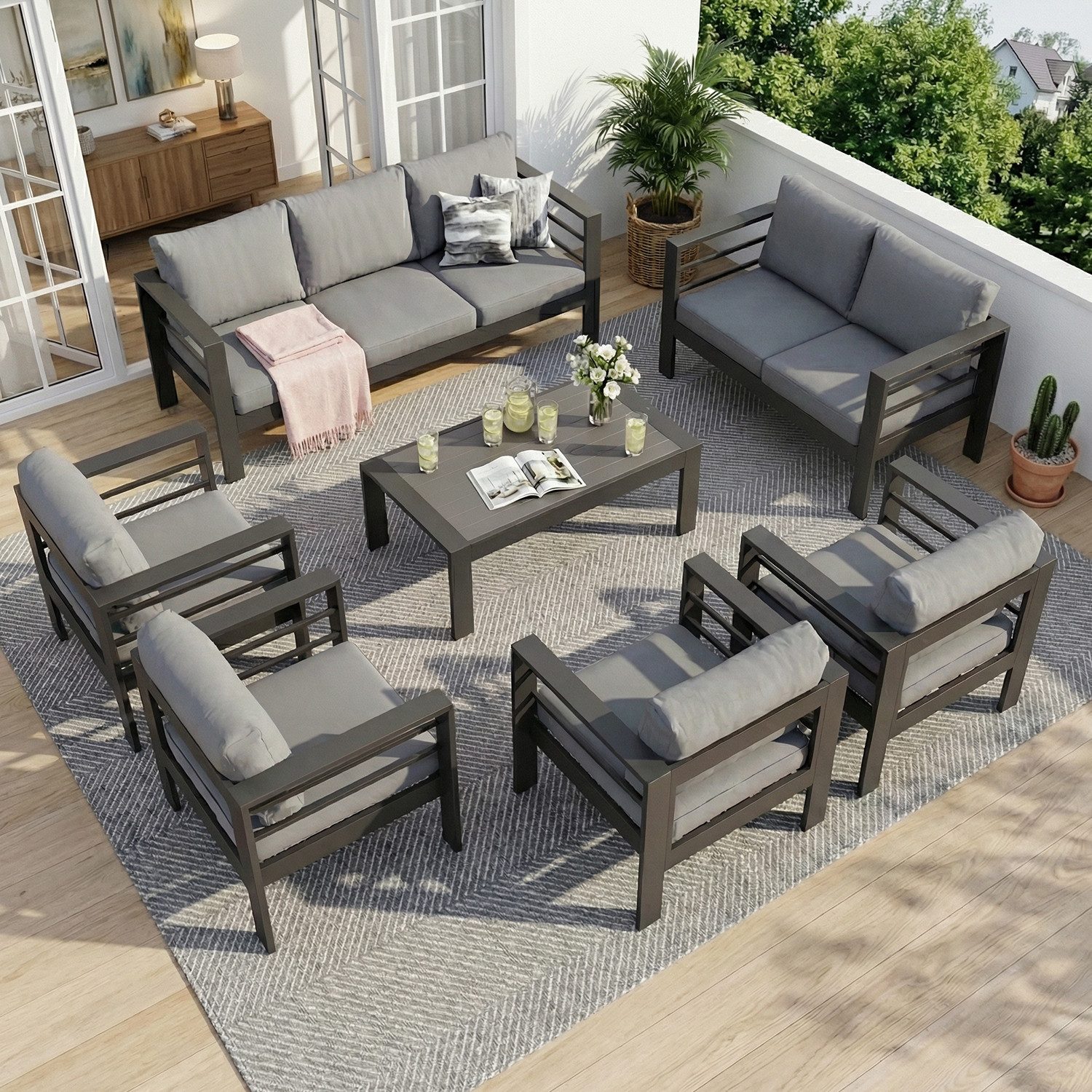 MeXo Gartenlounge-Set Gartenmöbel Set Aluminium wetterfest 6-7 Personen, (12cm Deluxe Relax-Sitzkissen, 5-tlg., Belastbarkeit pro Sitzplatz 140kg), outdoor Gart – Bild 4 von 5
