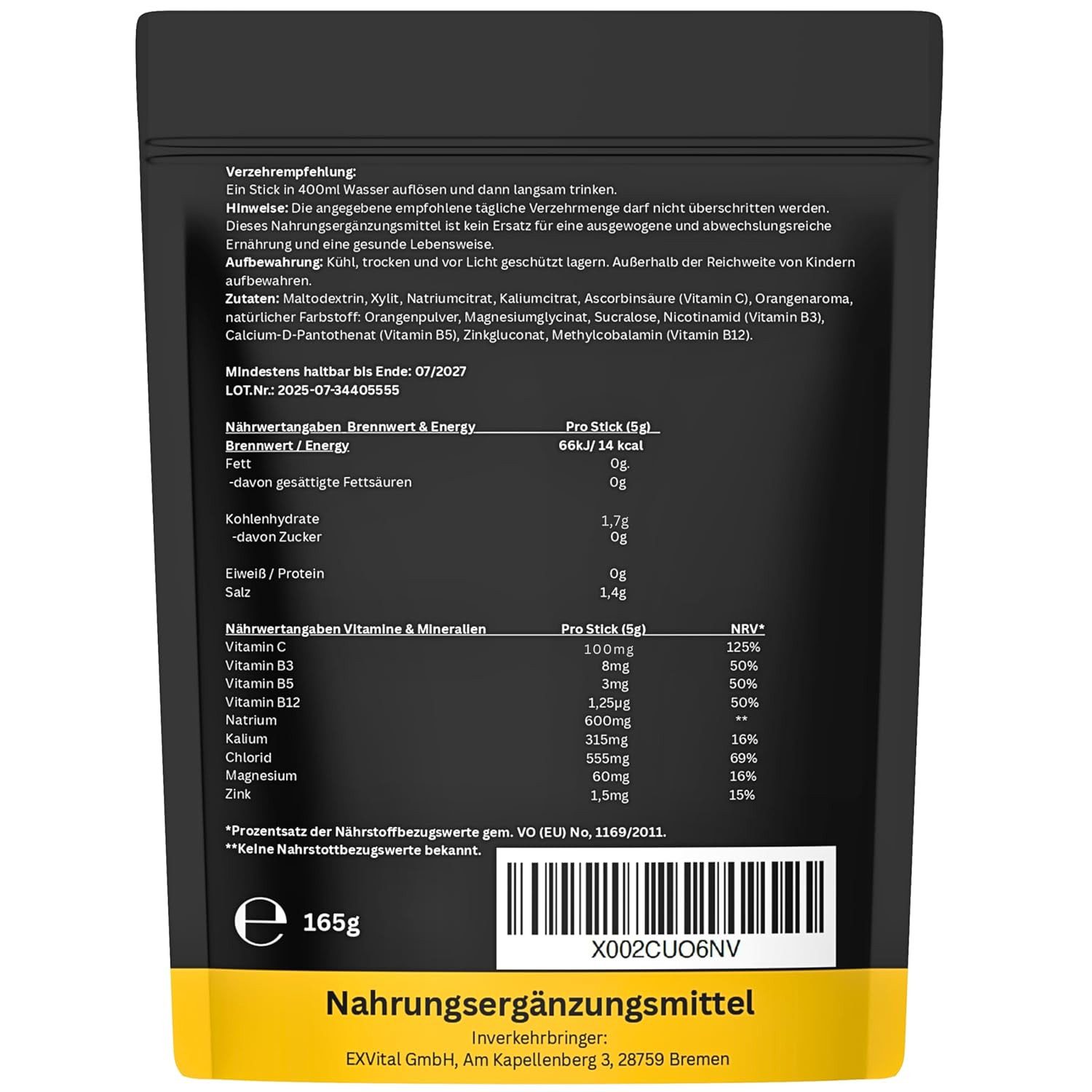 Elektrolyte Pulver, 33 Sticks mit Orangengeschmack, Vegan & zuckerfrei Pulver, 165 g