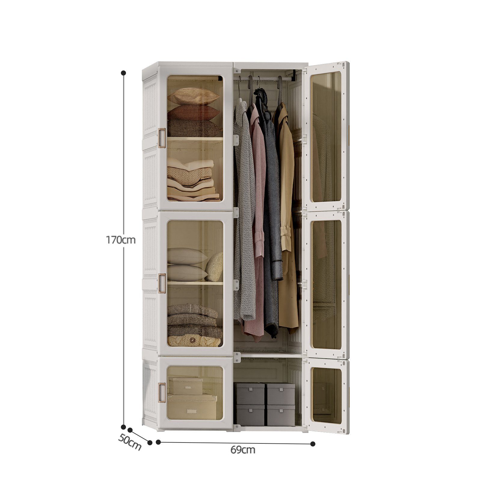 Aufhängung, Türen 170x69x50cm Garderobenschrank Transparenten mit das 10 SEEZSSA Kleiderschrank für Diele Wohnzimmer Kleiderschrank Fächer 6 Schlafzimmer Türen
