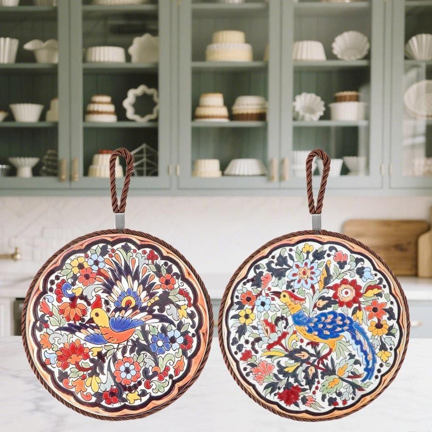 LuxusKollektion Topfuntersetzer Keramik Untersetzer 2er Set Blumen Vögel 17cm