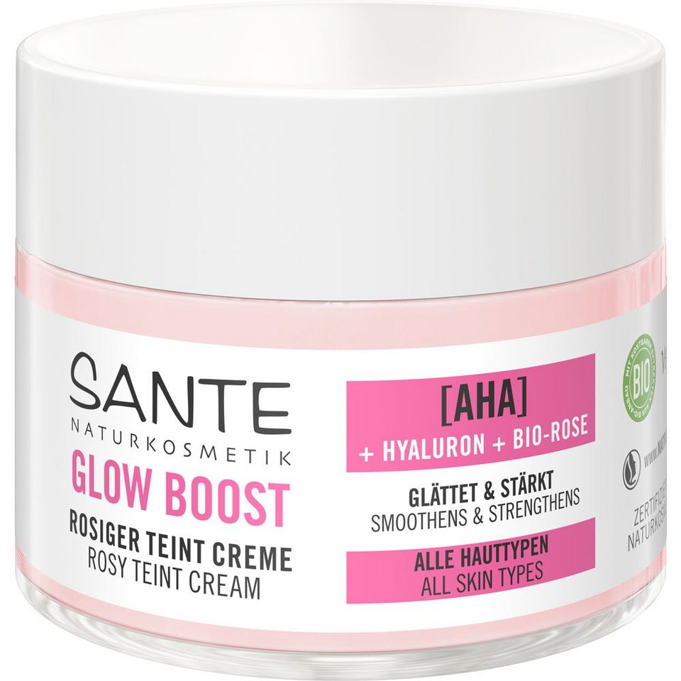 SANTE Gesichtspflege Glow Boost Rosiger Teint Creme AHA Hyaluron Bio-Rose,  Rosa, 50 ml, Mindert erste Fältchen und unterstützt die Widerstandskraft  der Haut