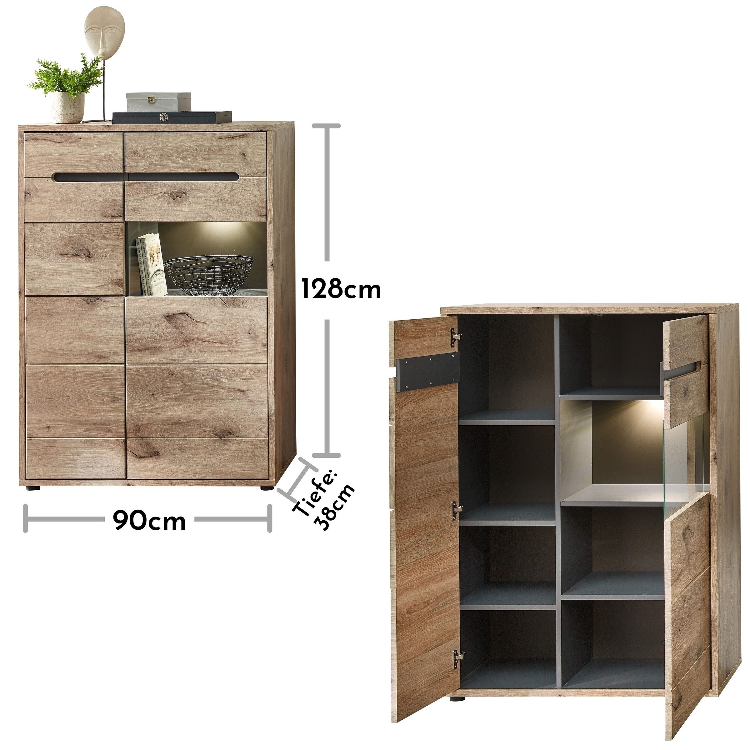 freiraum Stauraumvitrine Bellano in Viking Oak Dekor, MDF, Spannplatte - 90x128x38 (BxHxT)