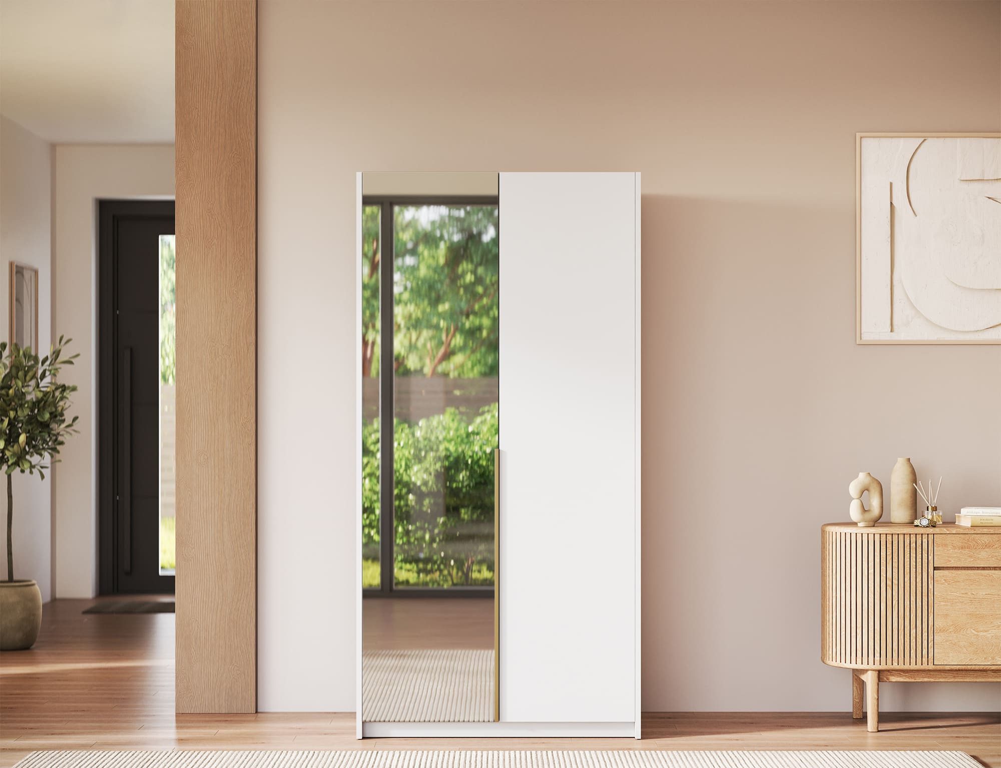 MOEBLO Drehtürenschrank Lunaro II (moderner Kleiderschrank 2-türig Schrank Garderobe Schlafzimmer, 100 cm, mit Spiegel Drehtüren Weiß Kaschmir Artisan Gold Griffe optional mit Aufsatz) (BxHxT): 100 x 204 x 58 cm