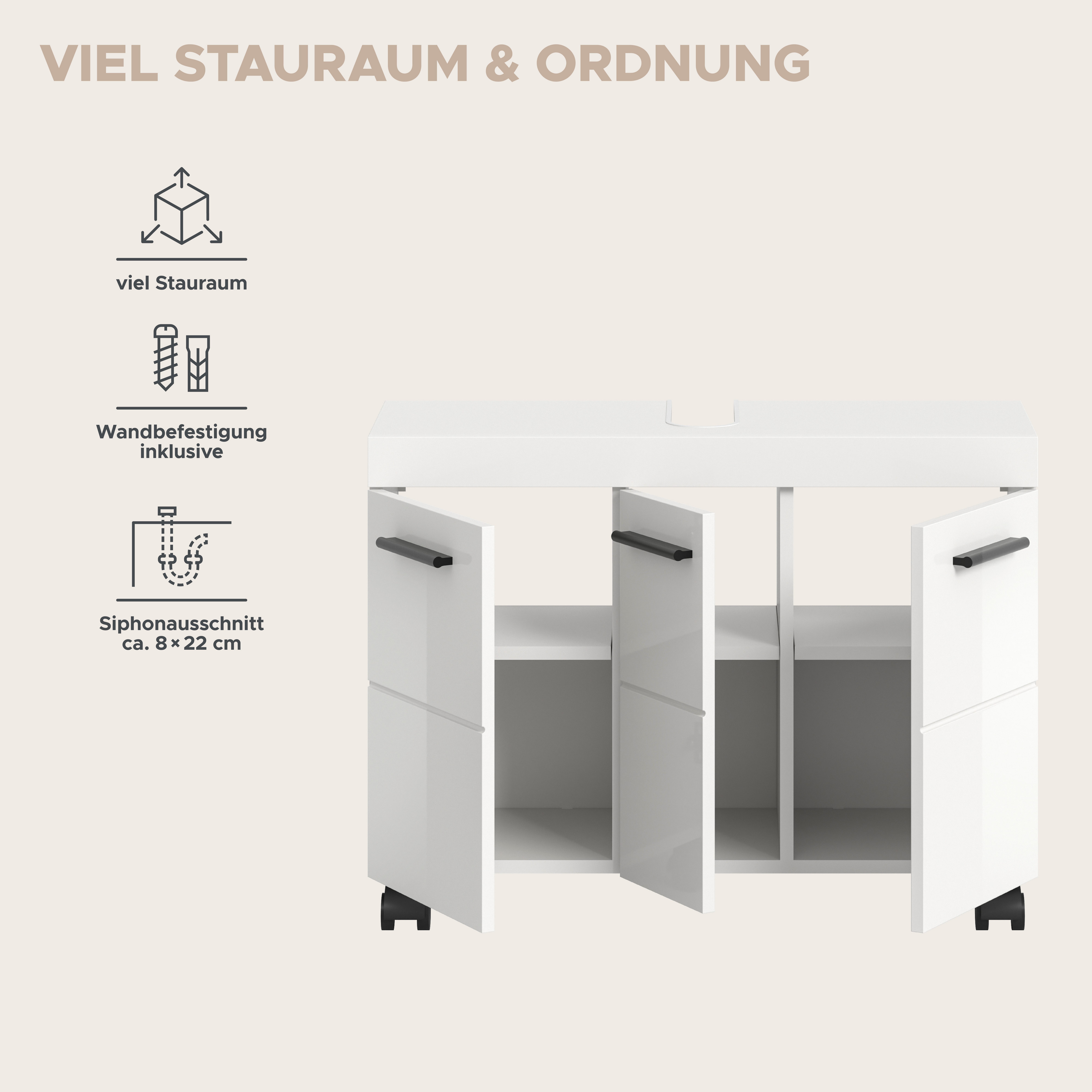 welltime Waschbeckenunterschrank AVON, Breite 80 cm, 3 Türen, 3 Einlegböden, 6 Fächer (mit Siphonausschnitt 22x8 cm, Rückwand mit Ausschitt) Badmöbel, Badschran – Bild 5 von 5