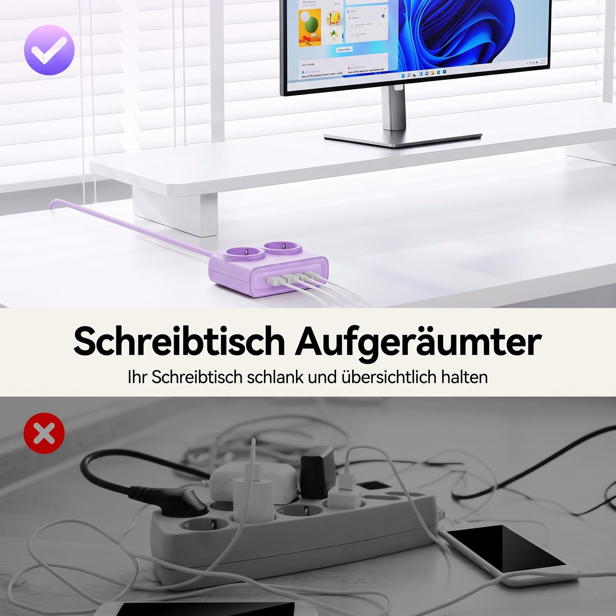 ORICO Steckdose 15W/25W GaN Mehrfachsteckdose 6-in-1 Steckdosenleiste,2AC+2USB+2CPD, acher 1,3 cm Stecke, 1-St., 1,6 m Kabel, 2500 W., für Haushalt & Büro – Bild 4 von 5