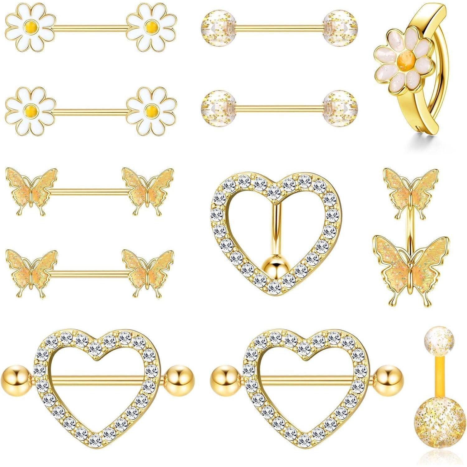 Kakonia Brustwarzenpiercing-Set 14G Nippelpiercing und Bauchnabelpiercing Set Chirurgenstahl Herz