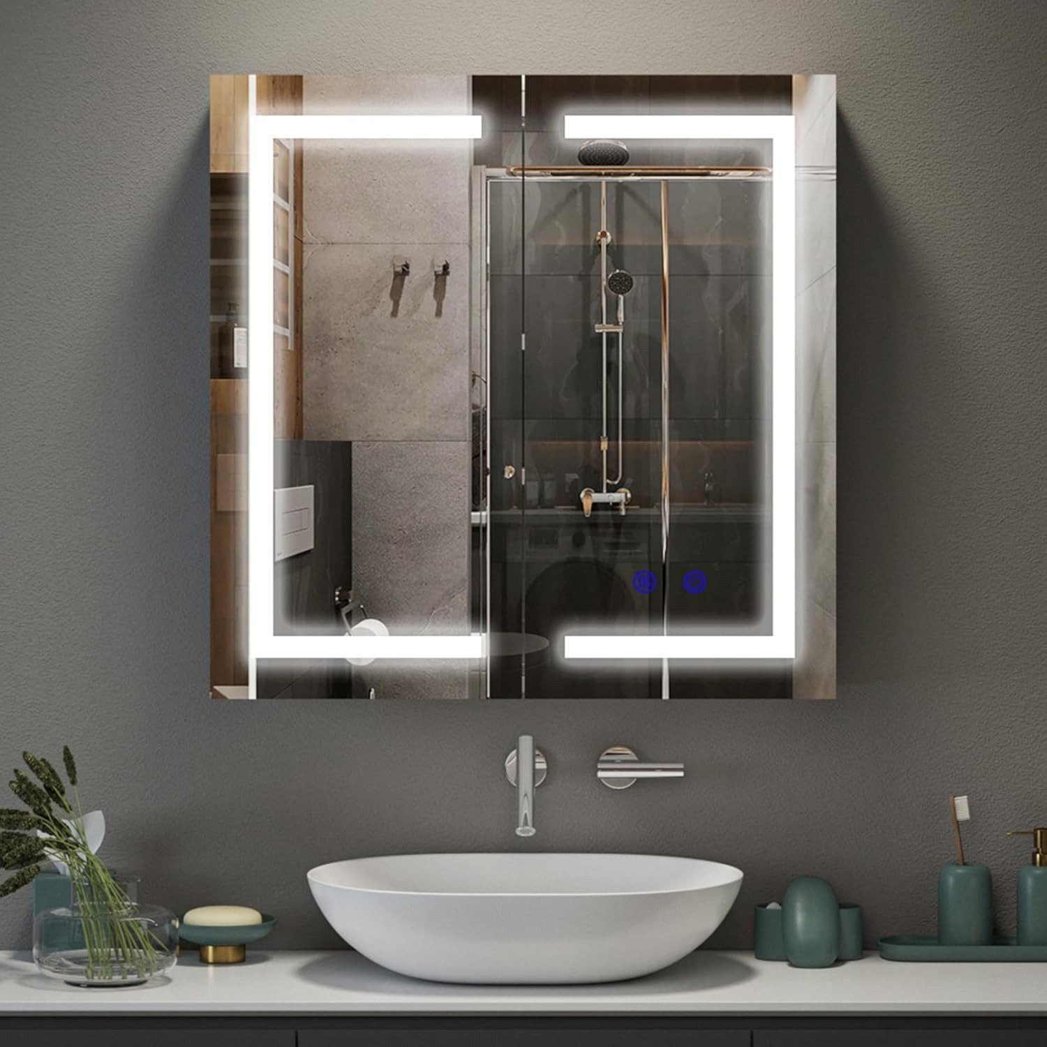 H.yeed Spiegelschrank Bad mit Beleuchtung und Steckdose, Verstellbares Regal, Entfogging-Funktion, Wandmontage