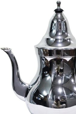 Marrakesch Orient & Mediterran Interior Teekanne Marokkanische Teekanne aus Messing Baran Silberfarbig mit Sieb und Kunststoffgriff, Orientalische Kanne mit Deckel, Traditionelle Messingteekanne, 1,6 l, Handarbeit