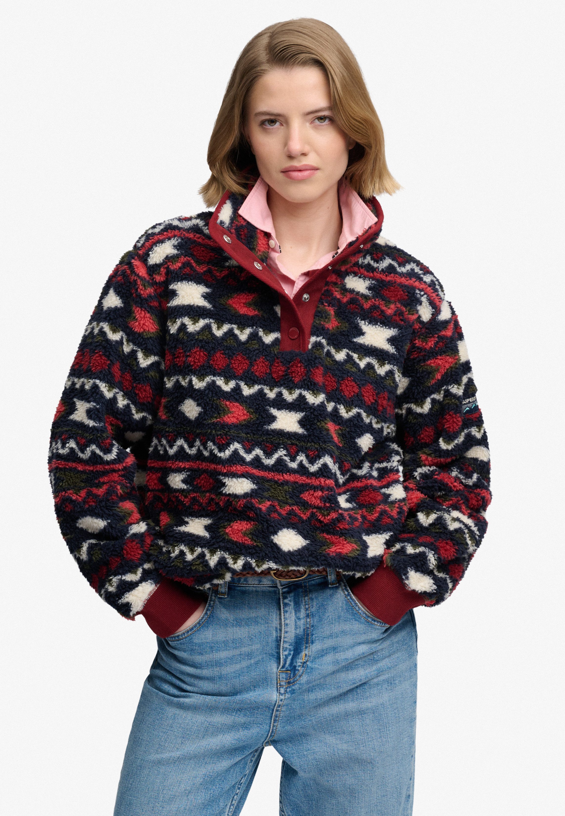 Superdry Fleecepullover SUPER SOFT PRINTED HENLEY Kunstfaser, oversize