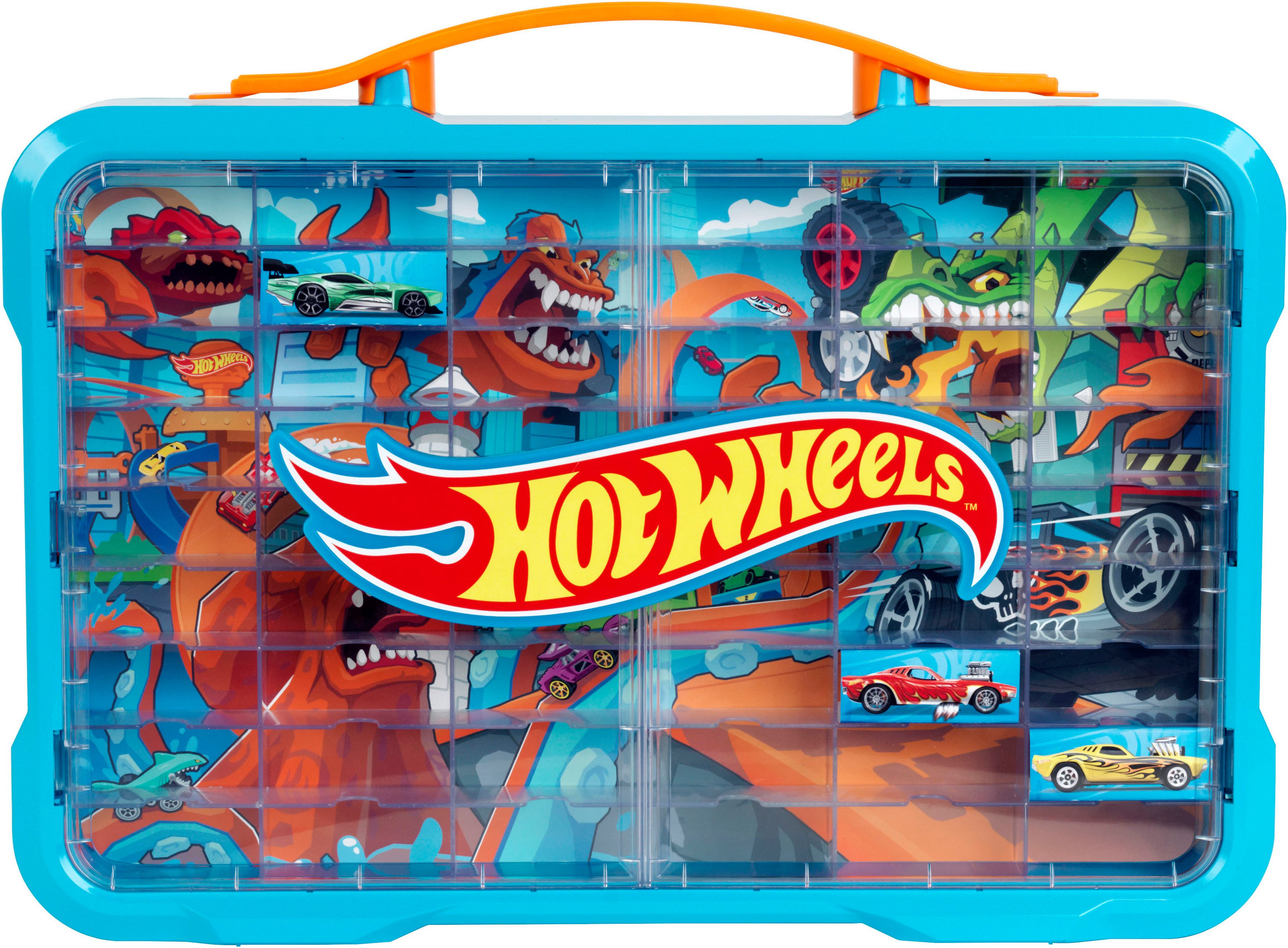Klein Sammelkoffer Sammelvitrine für 54 Autos, mit leuchtendem Hot Wheels Logo