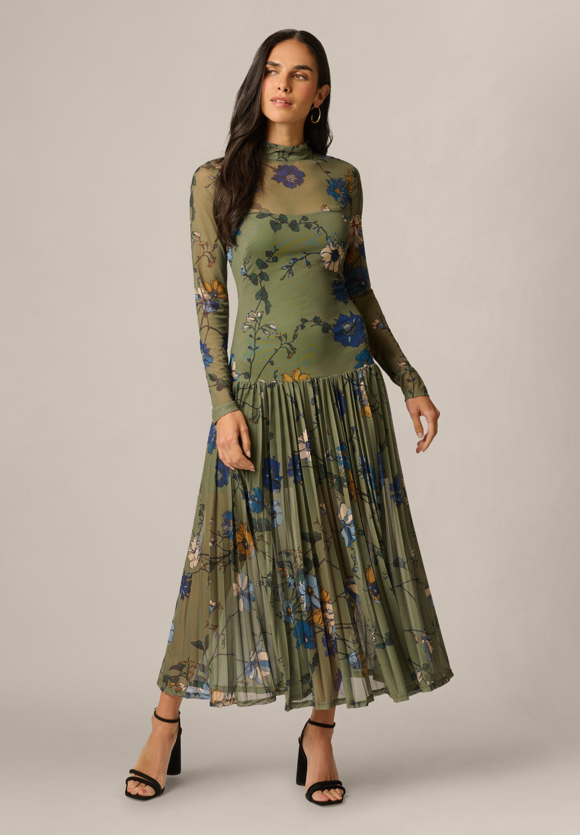 Adrianna Papell Midikleid Mock Neck Ankle Dress Verträumtes Midi-Kleid aus bedrucktem Stretch-Mesh mit Blumenmuster