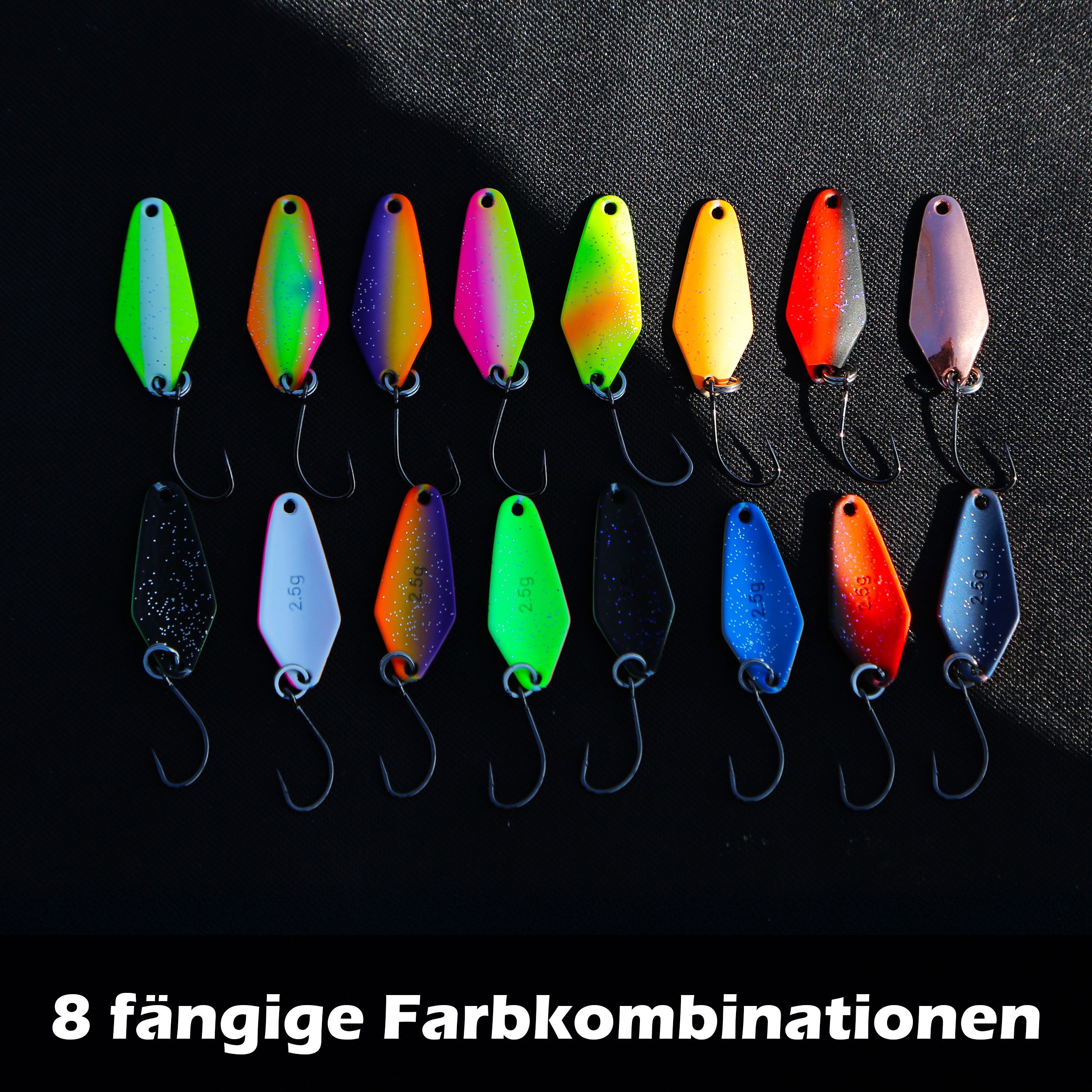 Paradox Fishing Kunstköder Neon Forellen Spoon Set 2,5g 8 Stück, (Forellenköder), UV-Aktiv inkl. Snaps – Bild 4 von 5