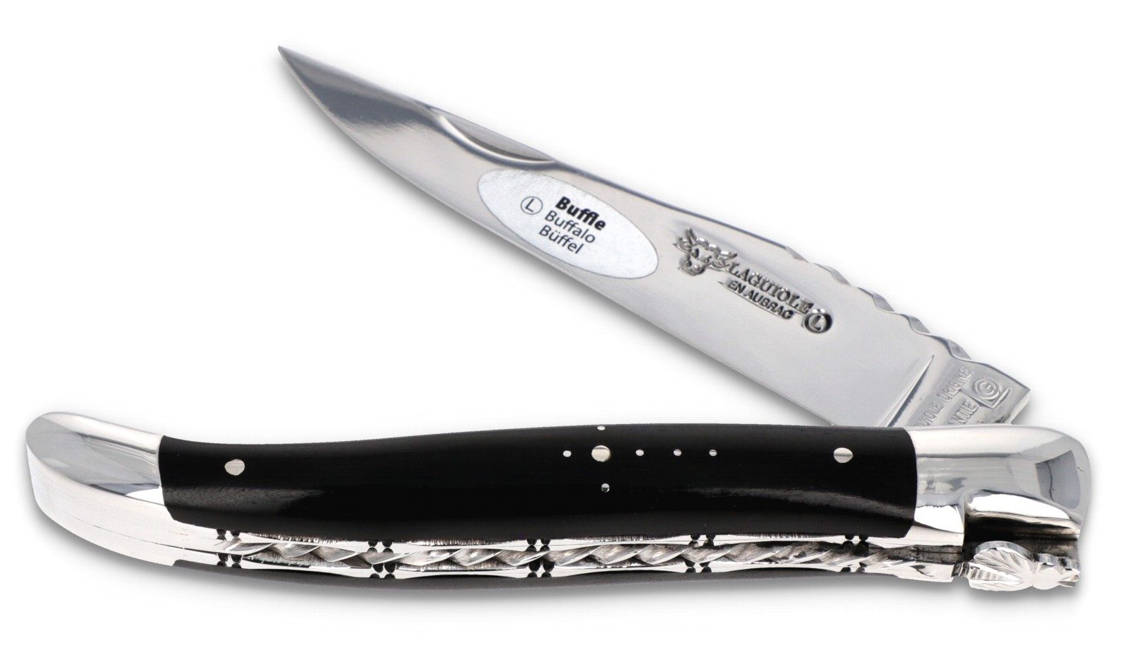 Laguiole en Aubrac Taschenmesser L0712BUIZ, Griff 12cm Büffelhorn - Spiralfeder - Doppelplatine - Stahl glänzend