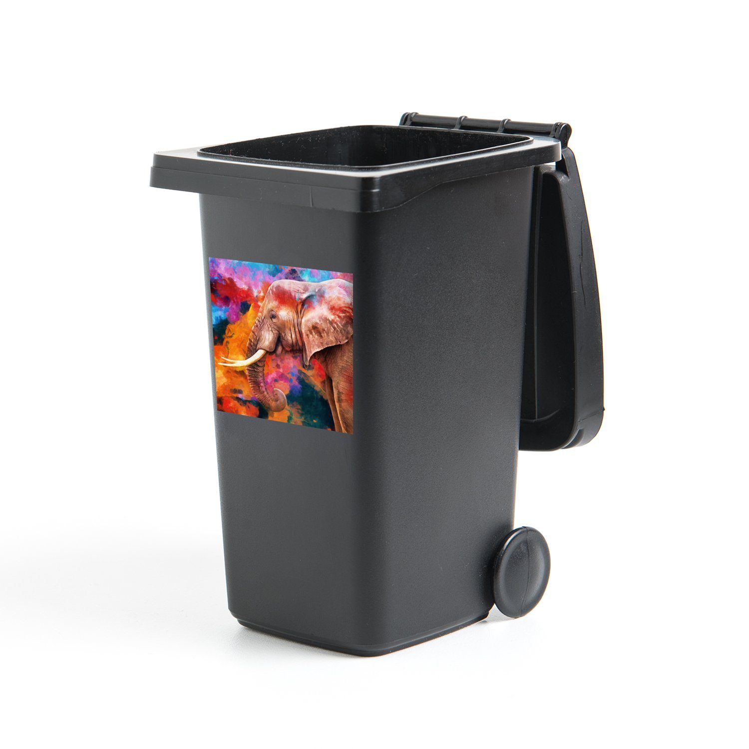 Öl - MuchoWow (1 - Gemälde Sticker, Regenbogen Elefant Mülleimer-aufkleber, St), Container, Abfalbehälter Mülltonne, - Wandsticker
