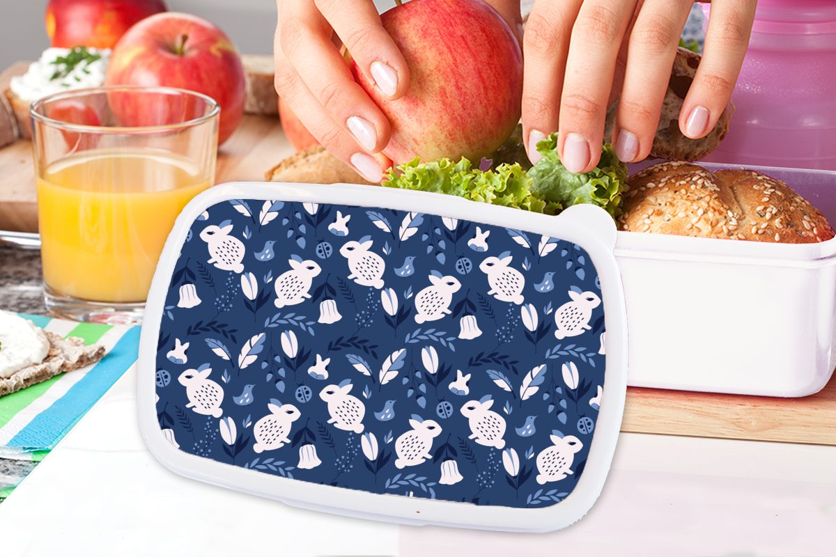 Brotbox MuchoWow Lunchbox weiß (2-tlg), Kunststoff, - Muster, Erwachsene, Brotdose, für Mädchen - Skandinavien Kaninchen Jungs und und für Kinder
