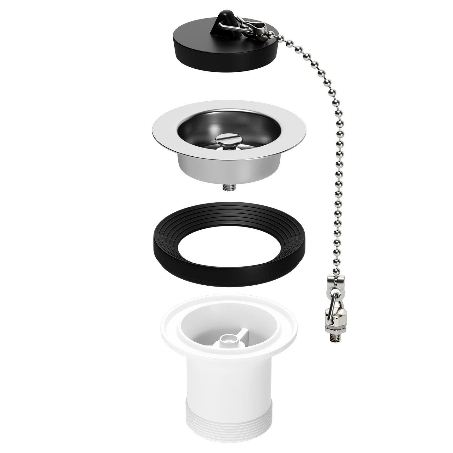 AQUADE Ablaufventil 1½“ x 55mm Ø70mm, 1-tlg., mit Stöpsel und Kette 190mm mit KH M6 x 10 mm für Spüle