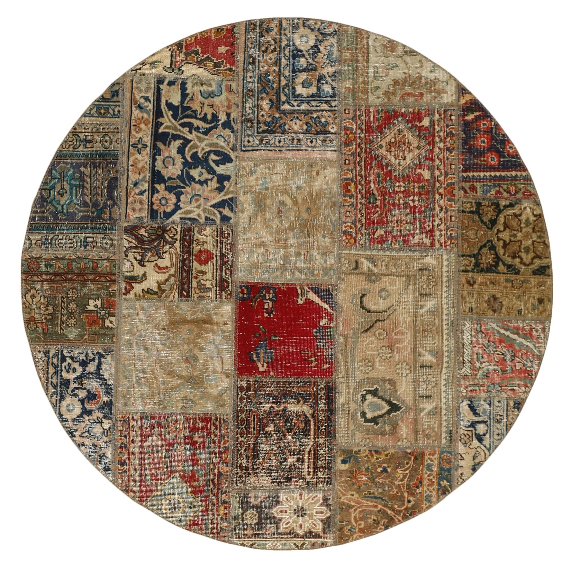 Wohnando Teppich MY-RUG Vintage Patch Work Floral & Ornamentiert 150x150cm, Rund, Höhe: 10 mm, Handgeknüpfter Teppich,Handgesponnene Wolle, mit Naturfarben gegärbt