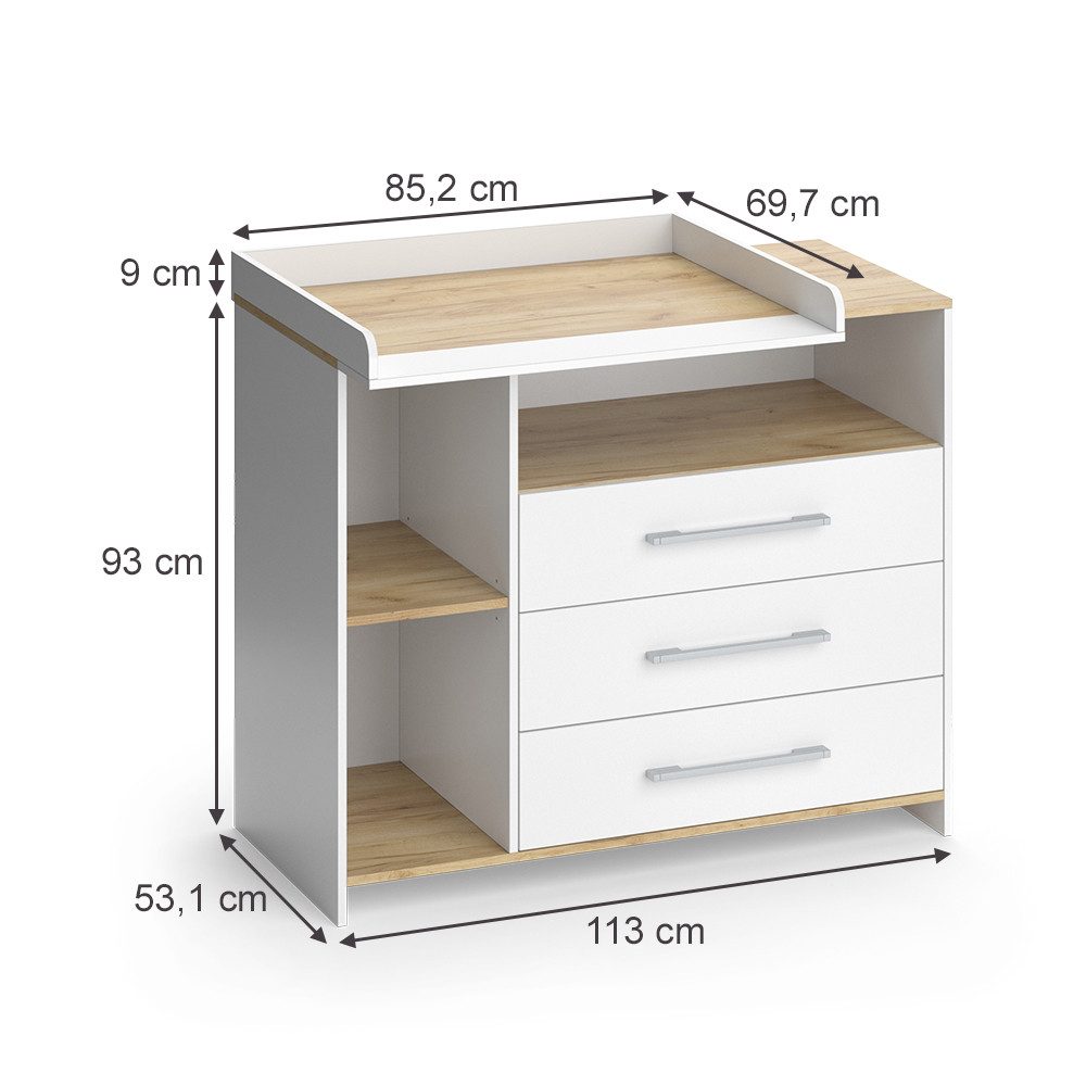 Vicco Wickelkommode Oskar, Weiß/Goldkraft Eiche, 113 x 93 cm mit 3 Schubladen