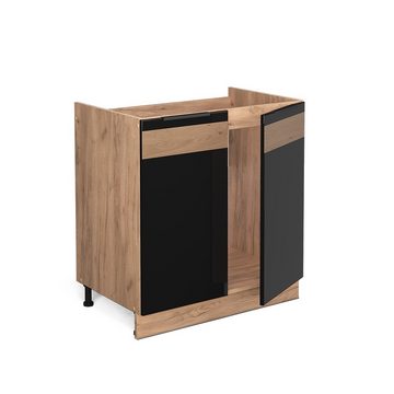 Vicco Spülenunterschrank Fame-Line, Schwarz Eiche hochglanz/Goldkraft Eiche, 80 cm, AP Marmor