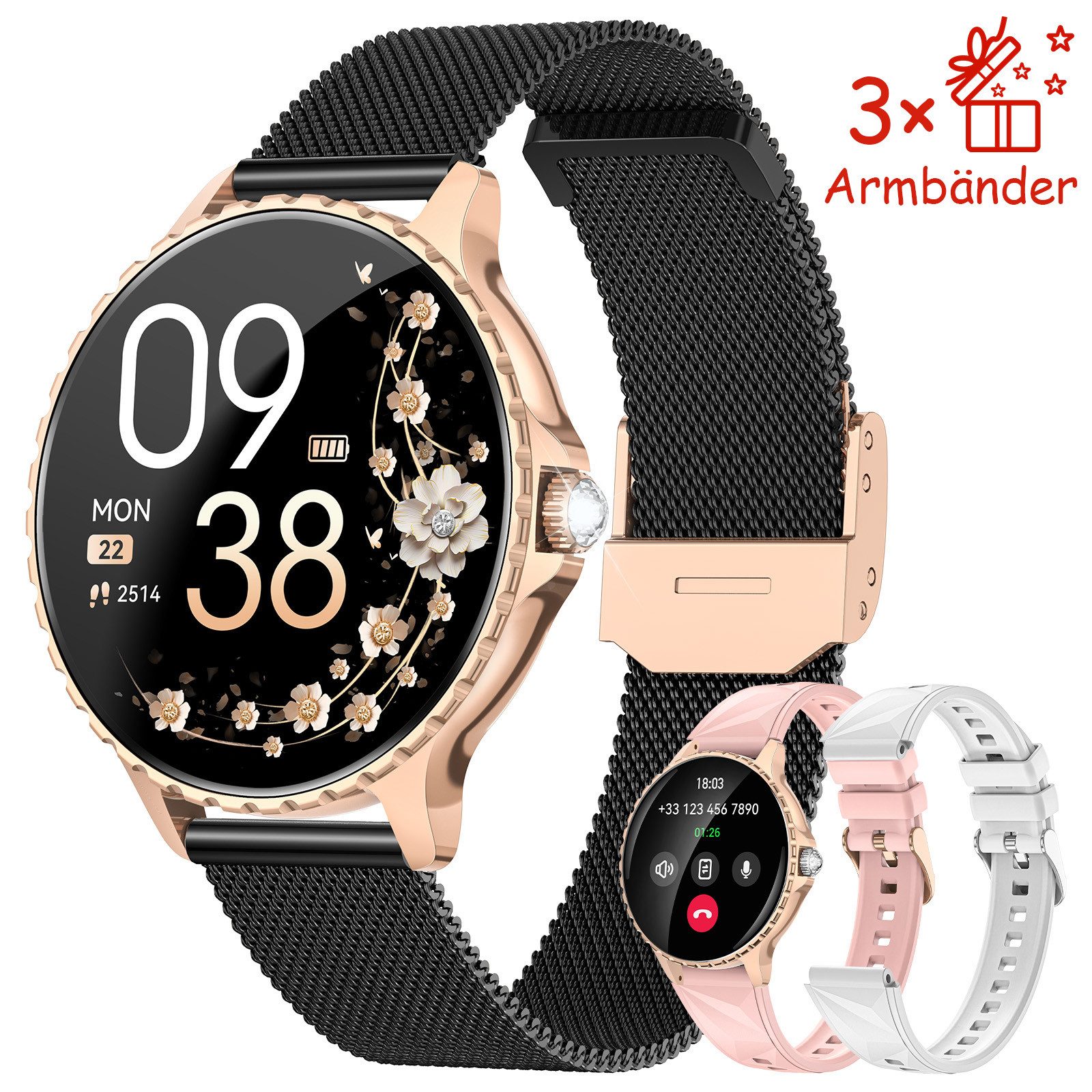 FOSMET Smartwatch Damen mit Telefonfunktion 1.27" Display Menstruationszyklus Smartwatch, Herzfrequenz-/SpO2/Schlafüberwachung für Android und iOS