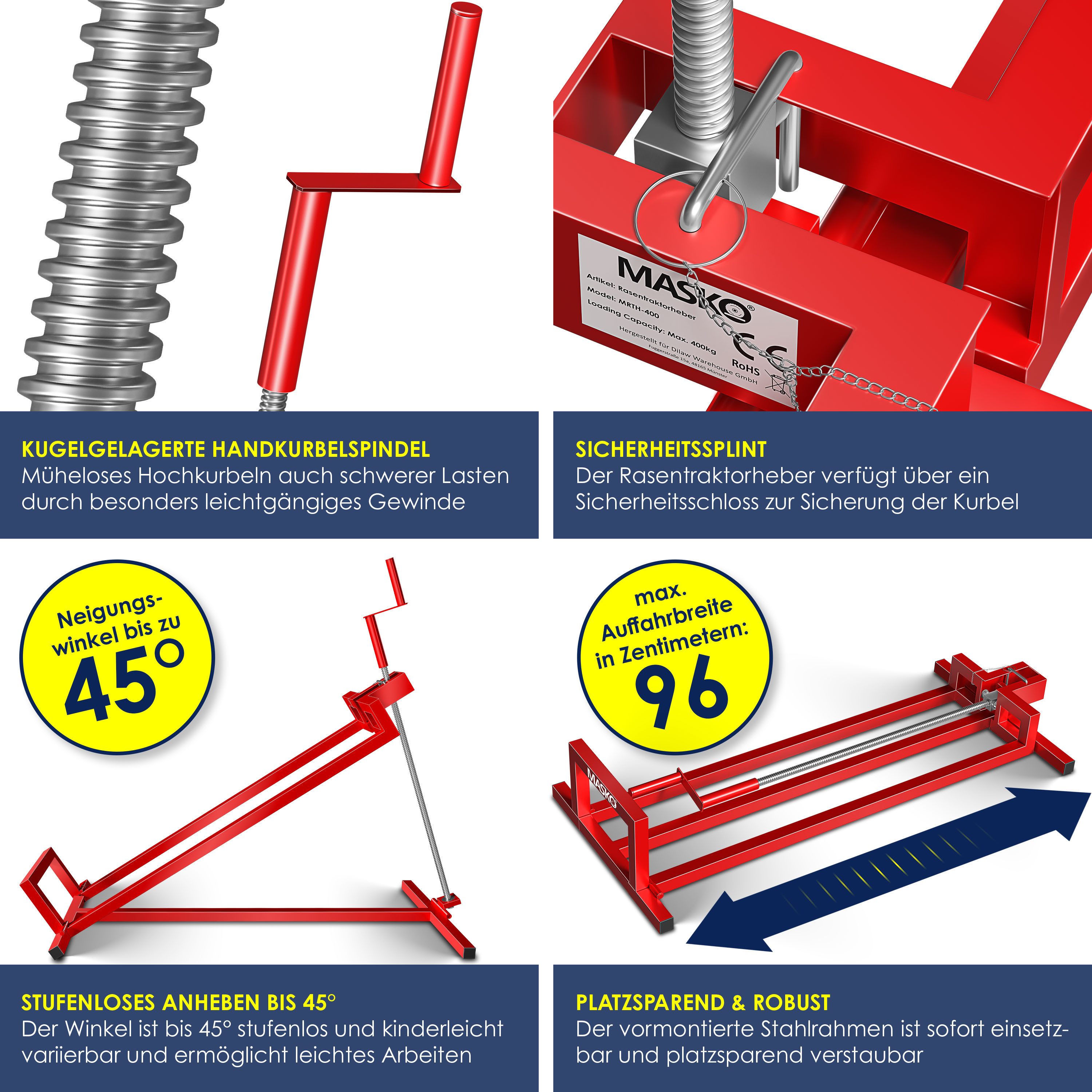 MASKO Rasentraktor Heber 450kg Hebevorrichtung für Aufsitzmäher inkl. Bürste, Rasentraktorheber, universelle Reinigungshilfe, Hebebühne für Quad