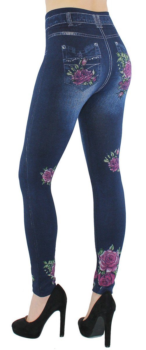 dy_mode Thermoleggings Thermo Leggings Thermoleggings Bund, Jeans-Optik elastischem WL051-RedFlowers mit Jeggings Damen Gefüttert Hochbund