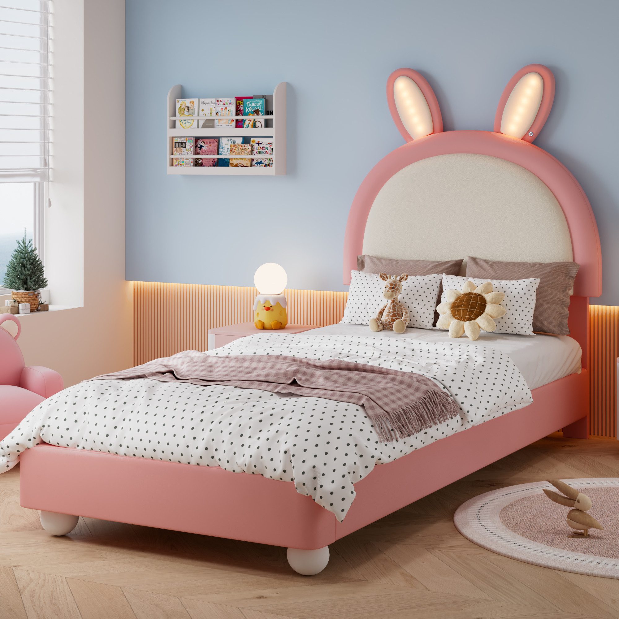 Flieks Polsterbett, Kinderbett Einzelbett 90x200cm Hasenform-Kopfteil mit LED-Lichtleiste