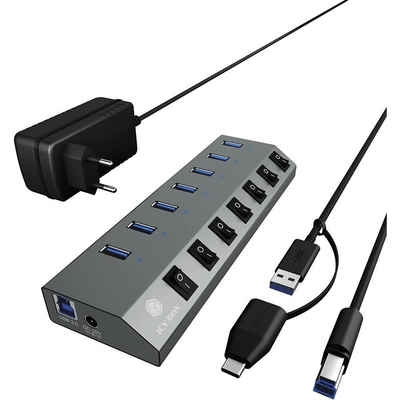 ICY BOX IB-HUB1701-C3 7 Port Hub USB-Adapter, USB 3.0 Type-A Hub Ladegerät Aluminium