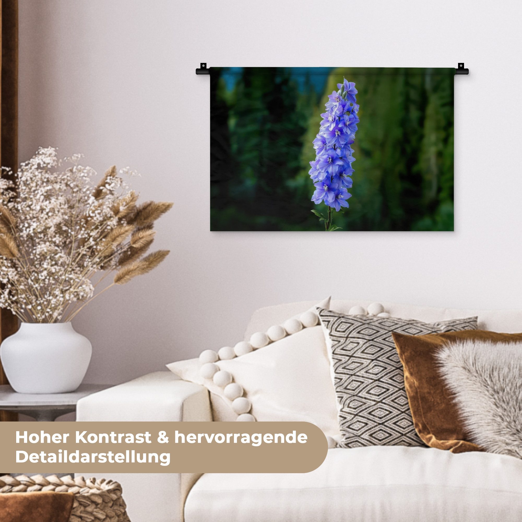 MuchoWow Wandteppich Blumen - Blau - Tannenbaum, Rechteckig, Höhe: 3 mm, Wandteppich für Wohnzimmer, Schlafzimmer, 60x40 cm