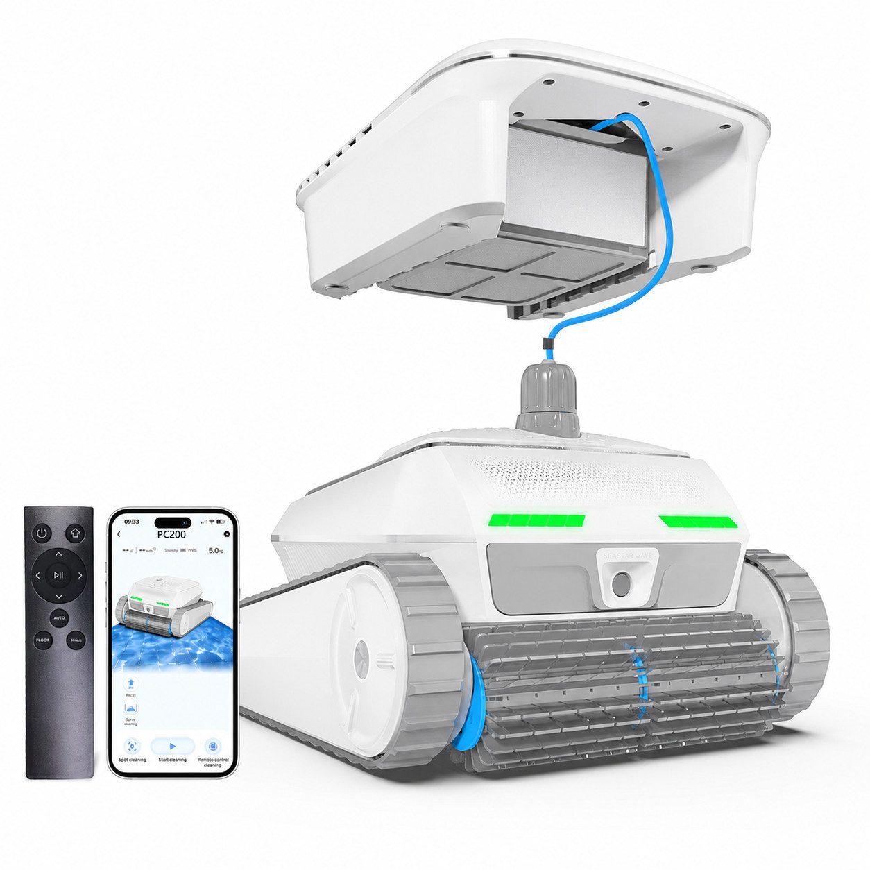AIRROBO Poolroboter Kabellos Poolsauge für Boden & Wand, App/Bluetooth, 300m² Pools, (Poolroboter mit Oberflächenreiniger/NaviClean™/150 μm Filter+180 μm), automatische Wasserlinien-Rückkehr, 150 Min/4 Motoren/IP68/4L Filter