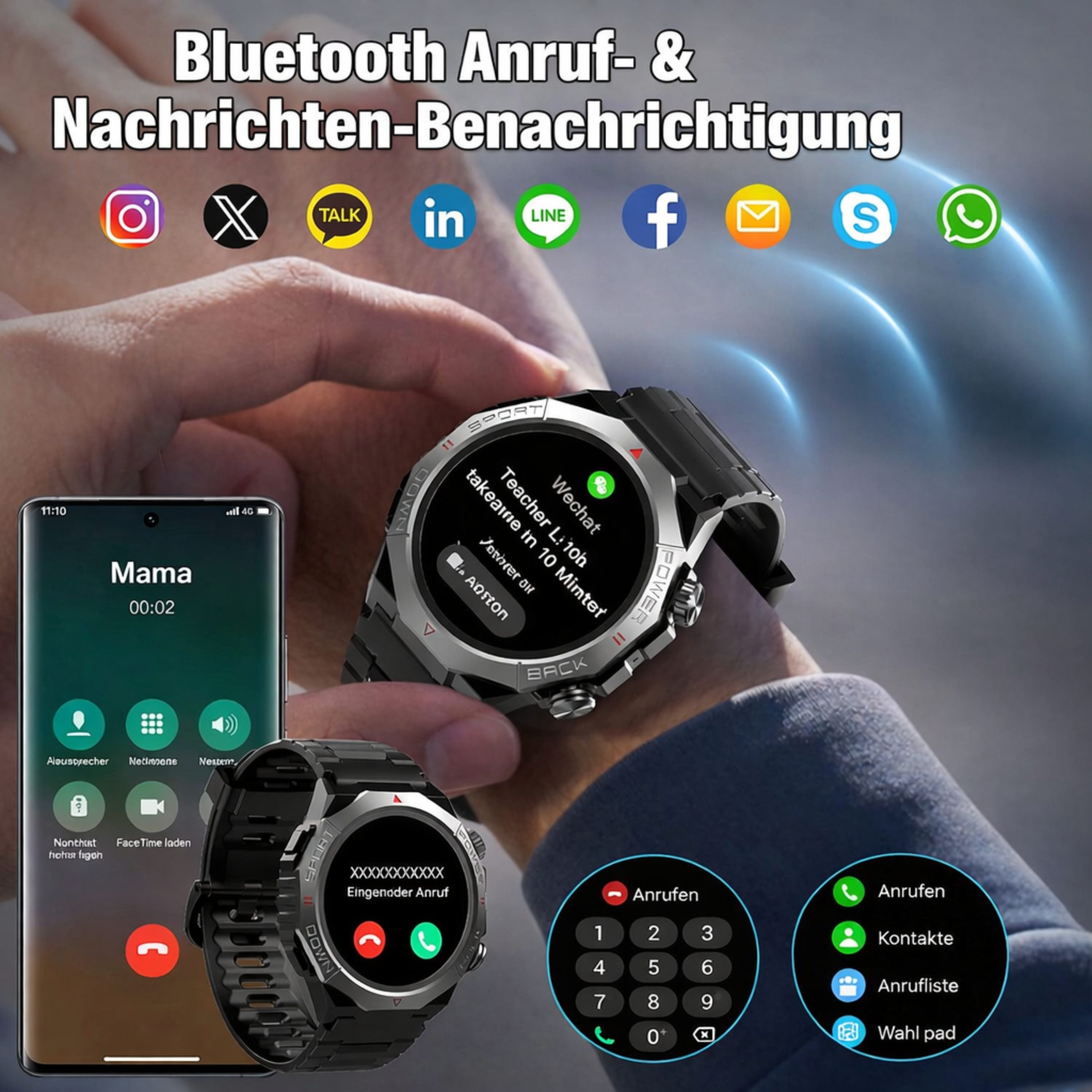 RUHE Smartwatch Telefonfunktion Herren Schrittezähler Touchscreen Silikon Smartwatch (3,53 cm/1.39 Zoll, Android und iOS) Sportuhr, 1-tlg., Herzfrequenzmonitor Schlafmonitor, Fitnessuhr für iOS und Android IP68 Wasserdicht 110+ Sportmodi Schwarz