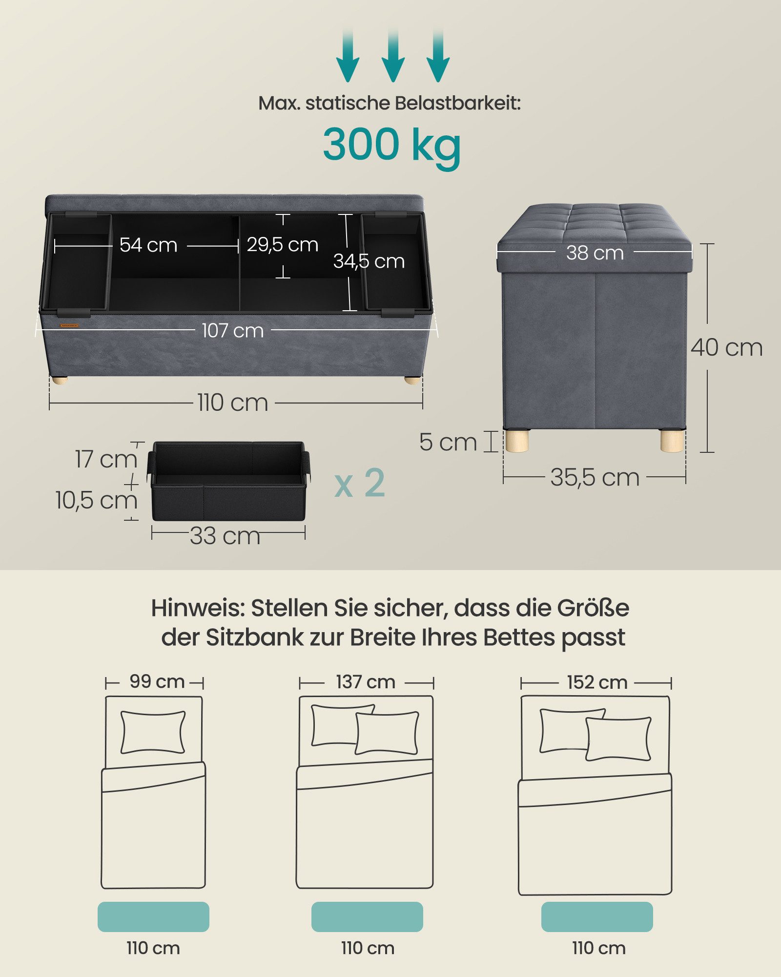 SONGMICS Sitzbank mit Stauraum, faltbar, 38 x 110 x 40 cm, Flur Wohnzimmer Schlafzimmer, mit Deckel, Fußhocker 112 L, Samt, bis 300 kg belastbar, schiefergrau