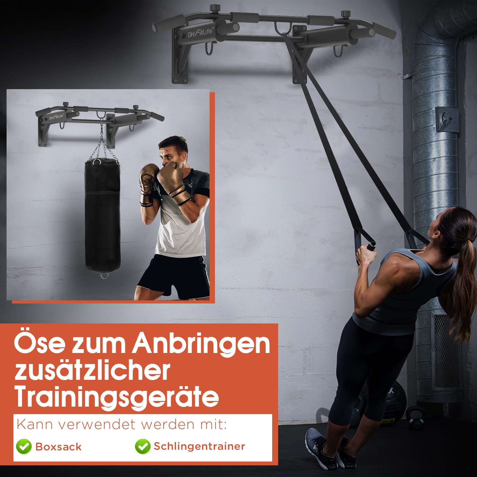 DH FitLife Klimmzugstange zur Wandmontage 4in1 mit Spreizdübel (Multifunktionale Pull-Up Bar für Zuhause bis 200kg, 6 rutschfeste Griffe), 3 Öse für Boxsack & Schlingentrainer, Sicher & Stabil