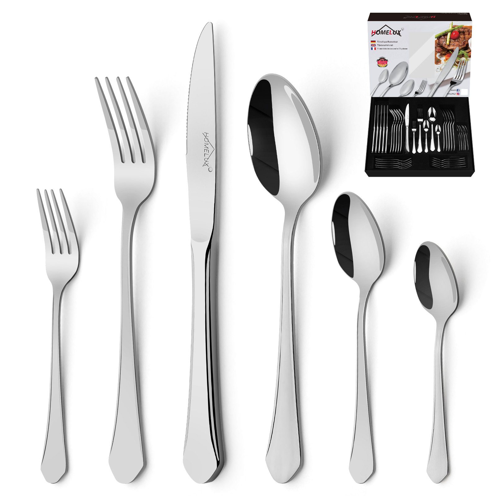 HOMELUX Besteck-Set Besteck set für 12 Personen,72-tlg Edelstahl Besteckset,Cutlery Set, Edelstahl,Spiegelpoliert