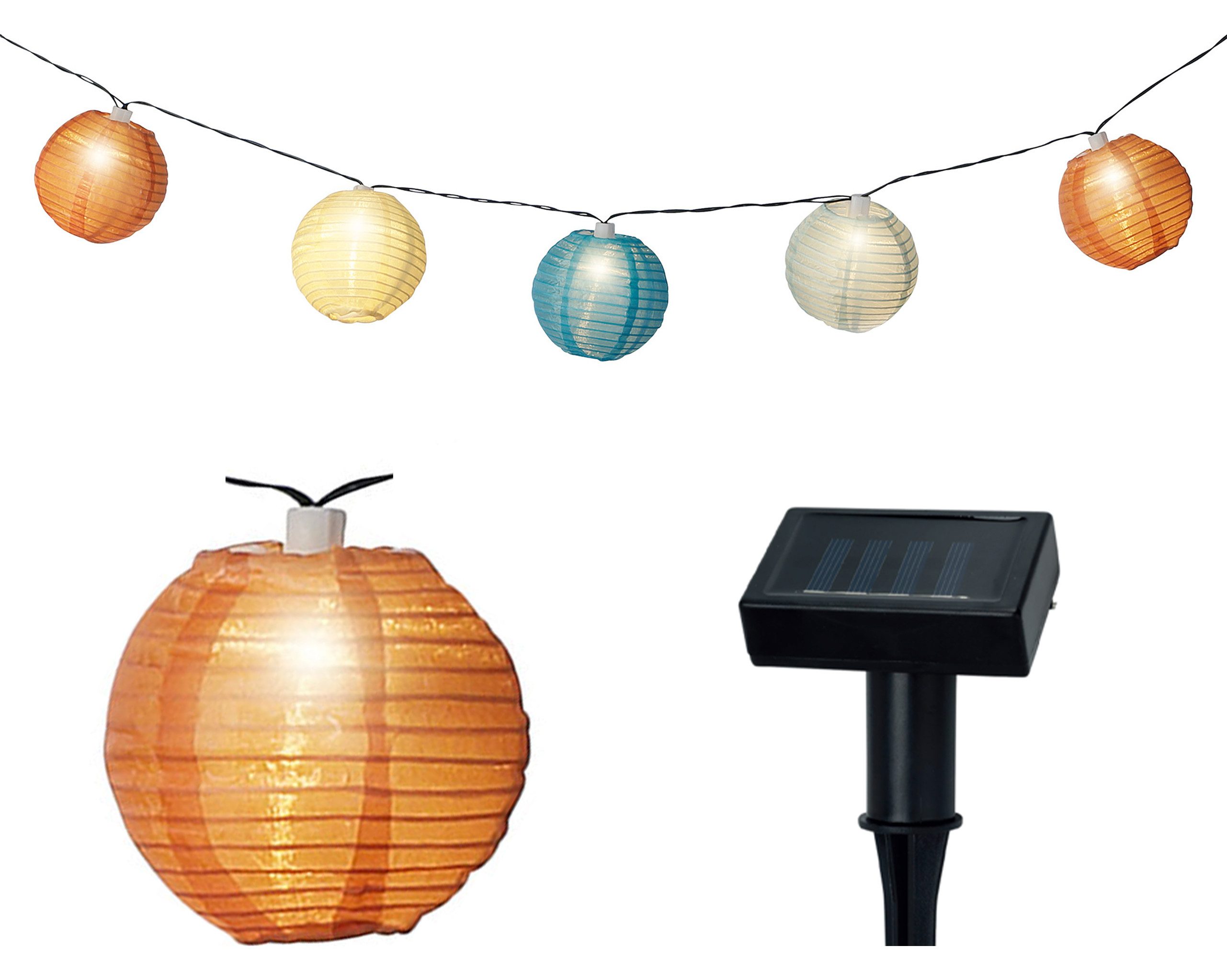 Lumineo LED Solarleuchte, warmweiß, LED Solar Lichterkette Lampions 4,5m Nylon Bunt / Warmweiß