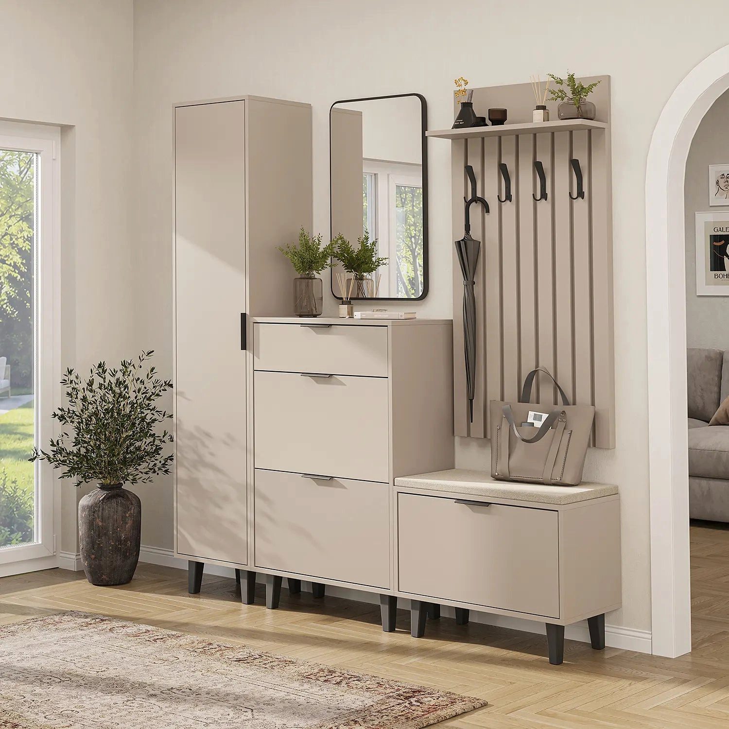 Roomart Garderoben-Set NORD 5-tlg., Hochschrank, Schuhschrank, Sitzbank, Paneel & Spiegel, (Komplett-Set, 5-teilig)