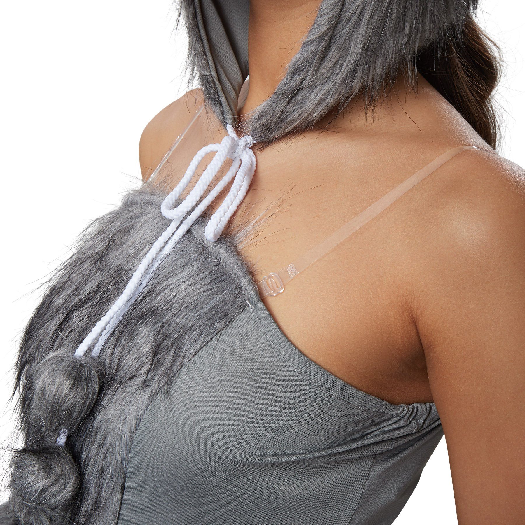 dressforfun Kostüm Frauenkostüm Heiße Wolfdame, Kurzkleid aus hellgrauem Stoff mit Kunstfellbesatz