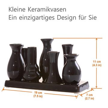 Jinfa Dekovase Handgefertigte kleine Keramik Deko Blumenvasen (7 Vasen Set schwarz), verbunden auf auf einem Tablett