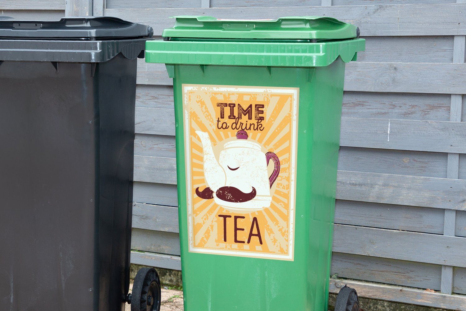 gelbem Mülltonne, St), Wandsticker einer Container, MuchoWow Hintergrund (1 Mülleimer-aufkleber, Teekanne auf Sticker, Abfalbehälter Illustration