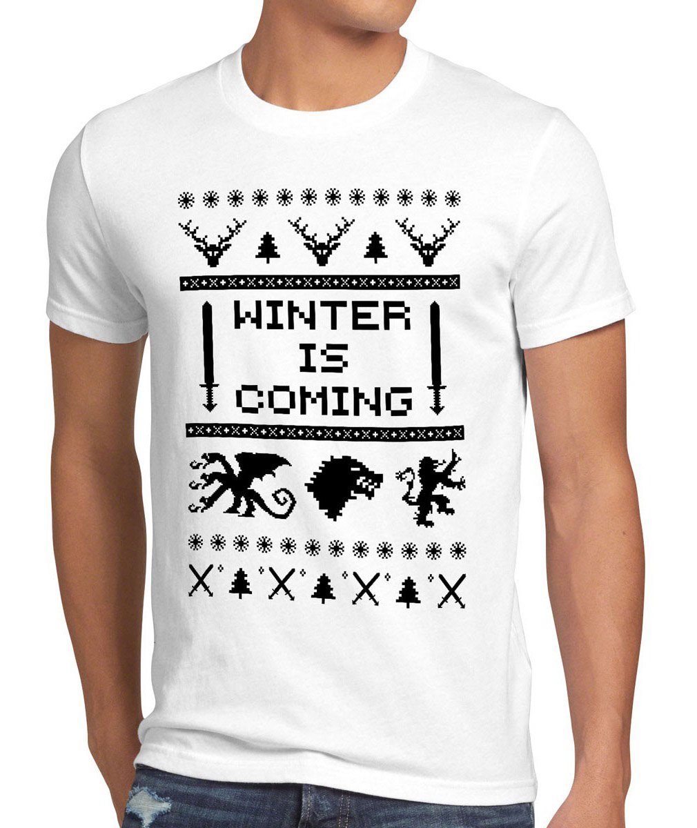 style3 Print-Shirt Herren T-Shirt 8-Bit Winter is coming thrones stark lennister of got schnee game weiß