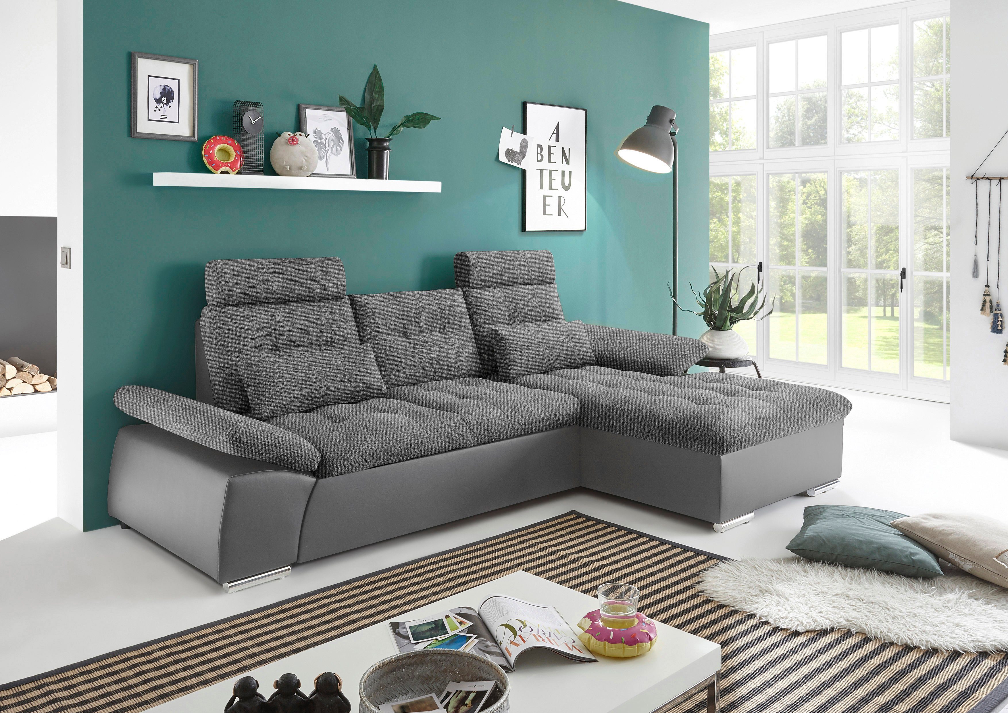 ED EXCITING DESIGN Ecksofa Jakarta L-Form, mit Bettfunktion, Armteilverstellung, Kopfstützen & 2 Nierenkissen
