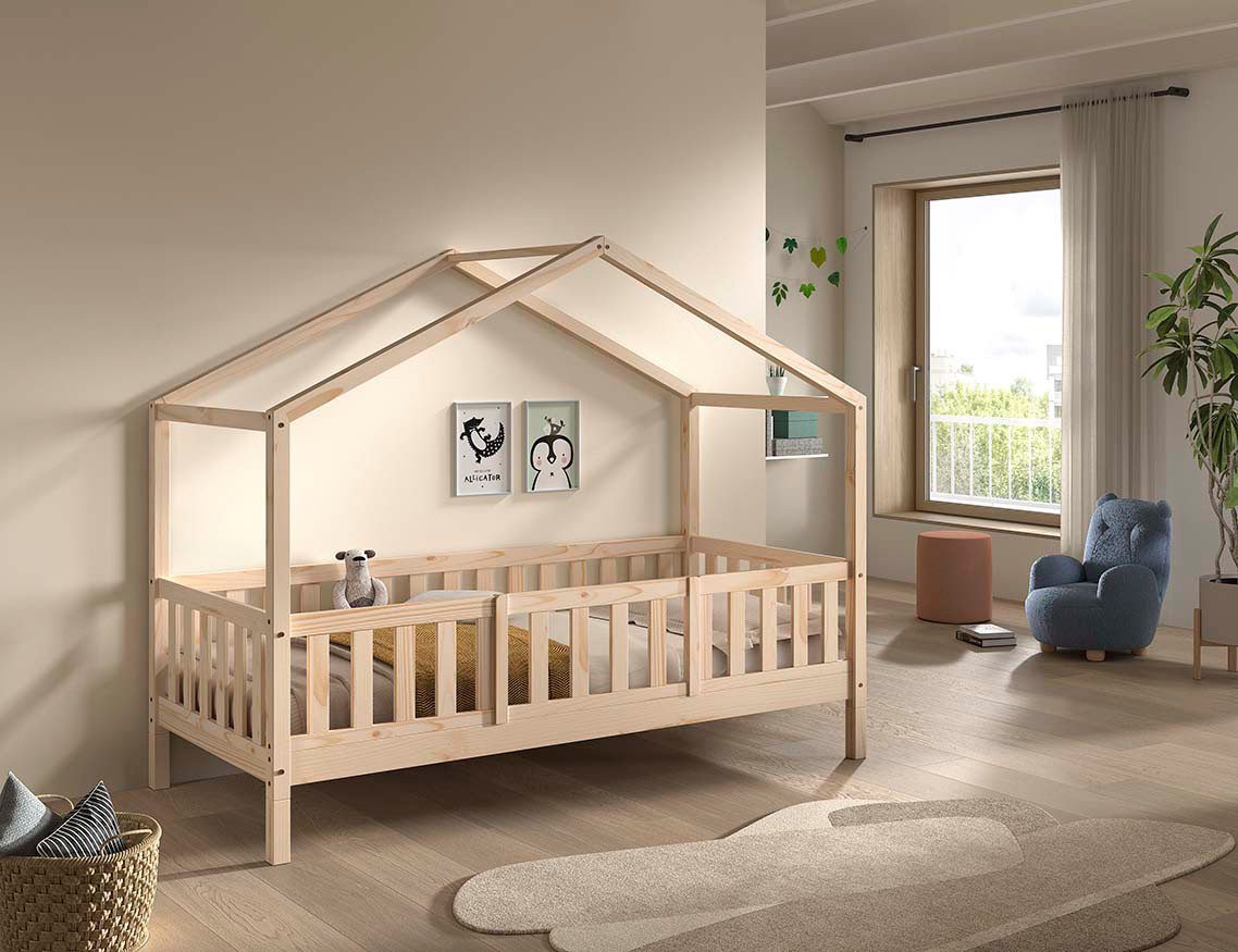 Vipack Hausbett Dallas, Massivholzbett mit Dachaufbau umbaubar vom Boden- zum Daybett (inkl. Lattenrost, Rausfallschutz, Sprossen, 90 oder 140x200 cm breit), stabil und standfest gebaut, wahlweise Kiefer massiv natur oder weiß