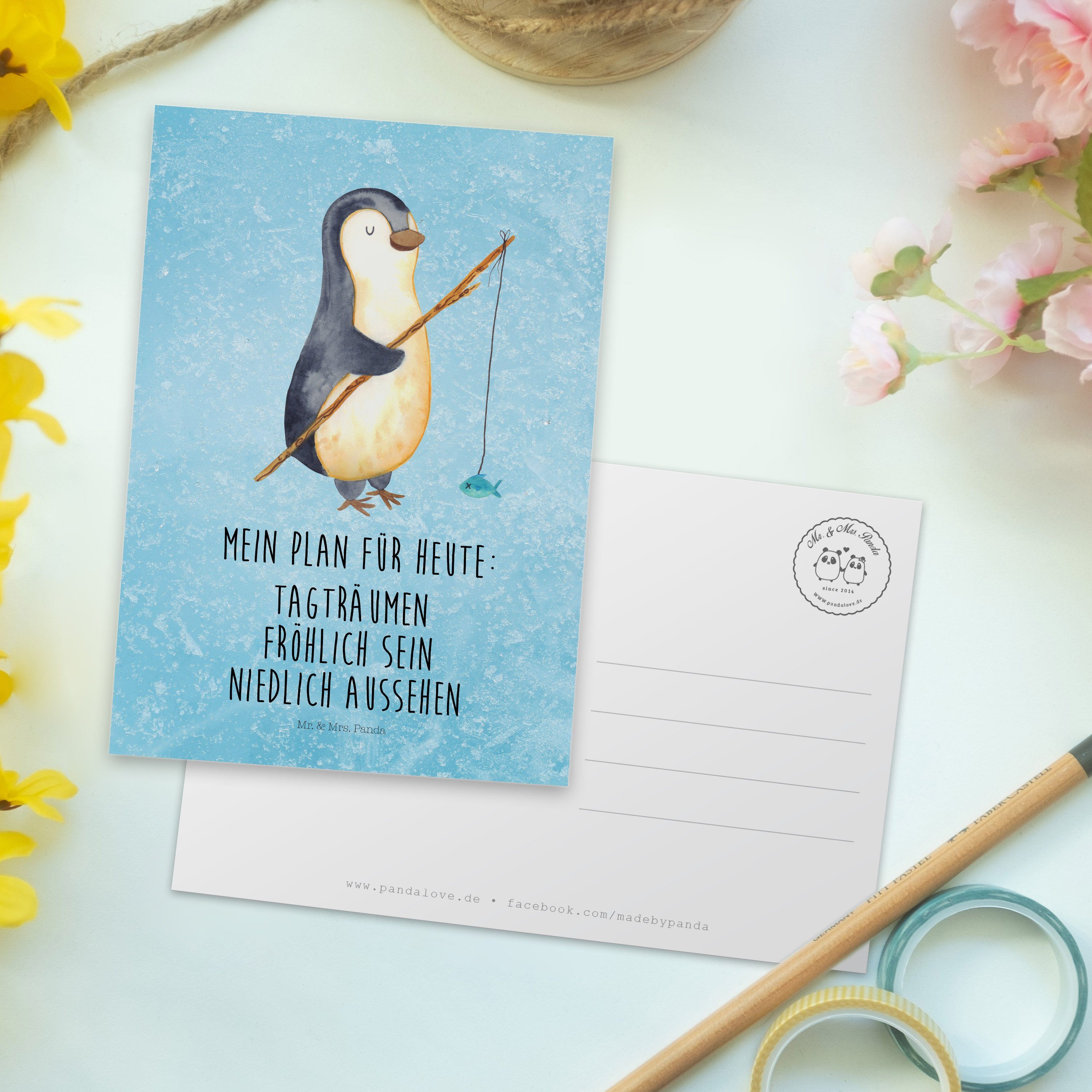 Mr. - Postkarte Mrs. & Geschenk, Panda Einladun Angler - Eisblau Pinguin Ansichtskarte, Fischer,