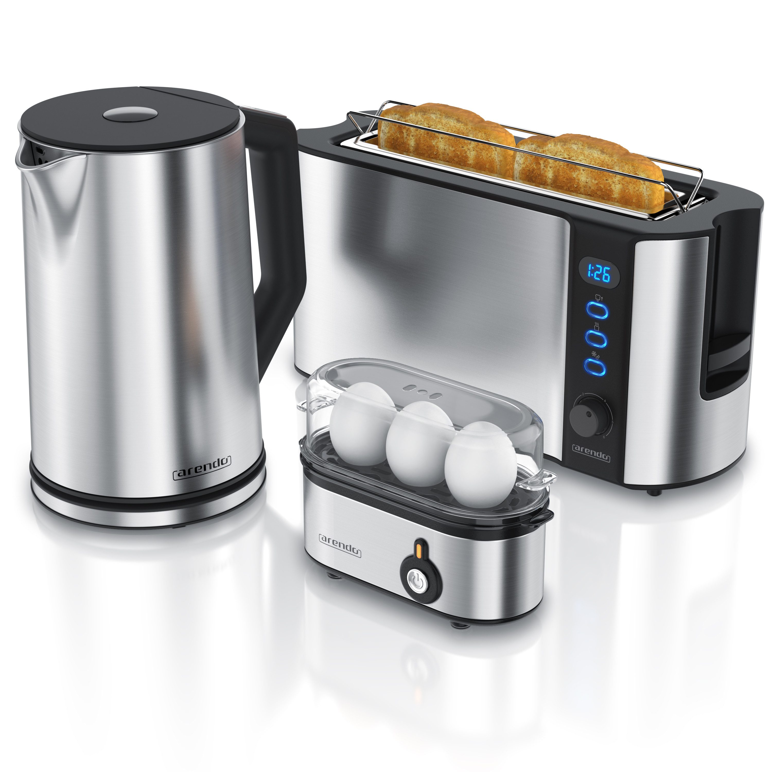 Arendo Frühstücks-Set (3-tlg), Wasserkocher 1,5l / 2-Scheiben Toaster / Eierkocher, Edelstahl, Silber